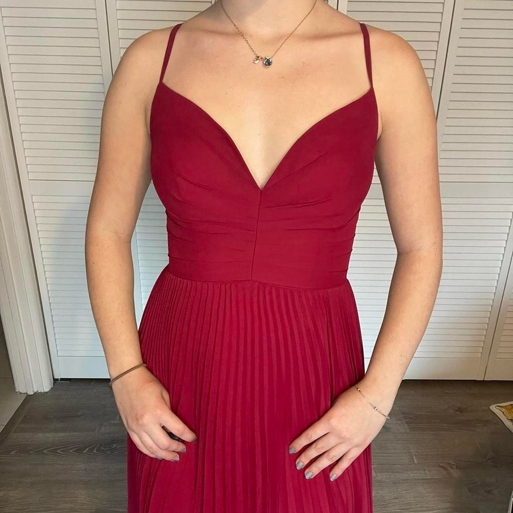 Red Elegant V-Neck Pleated Maxi Dress - Wine Red